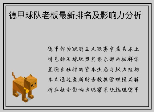 德甲球队老板最新排名及影响力分析