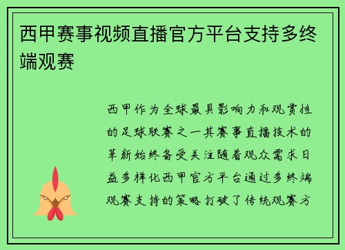 西甲赛事视频直播官方平台支持多终端观赛